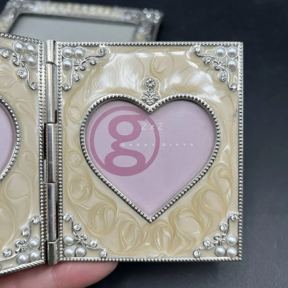 Set Of 3 Enamel Metal & Crystal Picture Frames Neutral Color Cream Beige Silver
